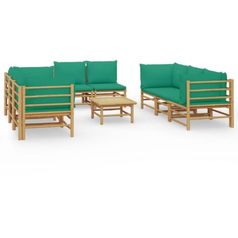 Salon de jardin meuble d'extérieur ensemble de mobilier 9 pièces avec coussins vert bambou (1/5)