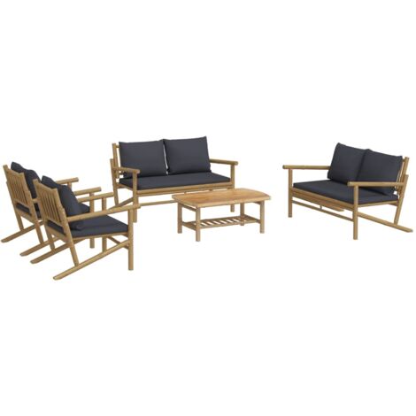 Salon de jardin meuble d'extérieur ensemble de mobilier 5 pièces avec coussins gris foncé bambou (1/5)