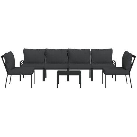 Salon de jardin meuble d'extérieur ensemble de mobilier 7 pièces avec coussins gris bambou acier (1/5)