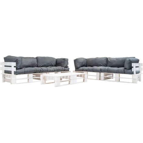 Salon de jardin meuble d'extérieur ensemble de mobilier palette 6 pièces avec coussins gris bois (1/3)