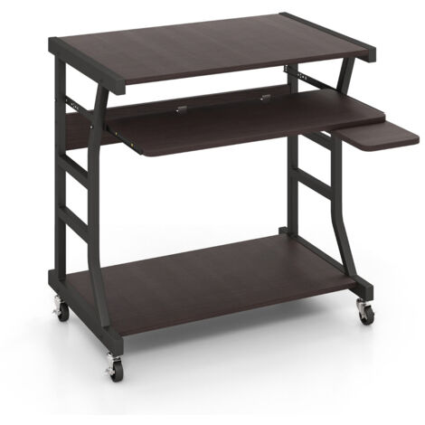 Bureau D'ordinateur Mobile Avec Roulettes - 75 X 50 X 75 Cm - Plateau Clavier Coulissant Et étagère Basse - Marron Foncé