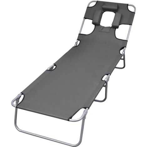 Transat chaise longue bain de soleil lit de jardin terrasse meuble d'extérieur pliable et coussin de tête dossier réglable gris (1/5)