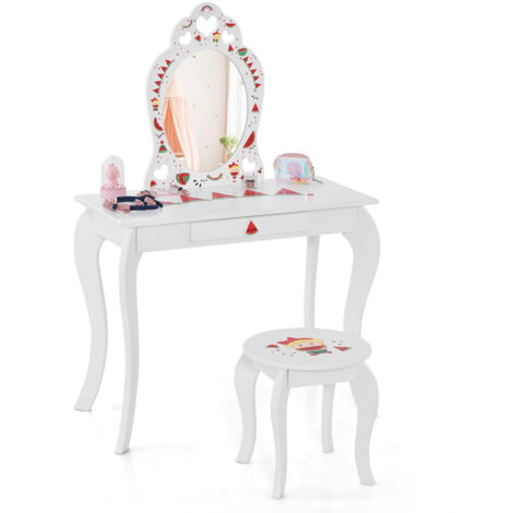 Coiffeuse Pour Enfant 2 En 1, Table De Maquillage Avec Tabouret Et 3 Miroirs Amovibles Table Cosmetique Avec 1 Tiroir Et Pieds En Bois De Pin Blanc 96392813
