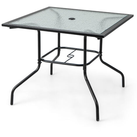 Table D’Appoint Osier Jardin 55x55x50 Cm – Trou Parasol, Résine & Métal, Style Damier