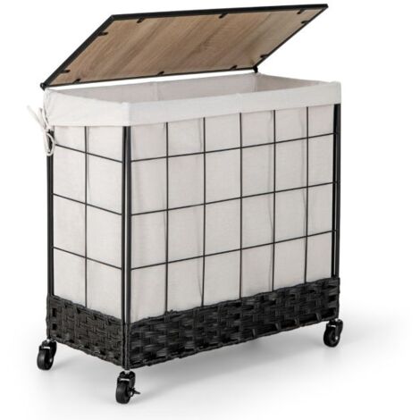 Panier à Linge Sale Pliable Avec Roulettes Et Doublure Amovible - 63L Tissu Oxford Imperméable Bambou