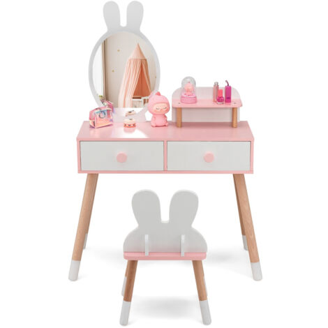 Coiffeuse Enfant Fille Avec Miroir Lumineux & Chaise – Bureau Avec Bibliothèque Et Tiroir – Blanc/Rose, 3 Ans+