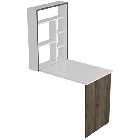 Bureau poste de travail table mural greve rabattable avec étagère intégrée 82 x 62 x 16 cm blanc / effet noyer (1/2)