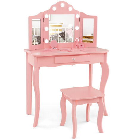 Coiffeuse Rose En Bois Pour Fille 3 Ans Et Plus - Avec Chaise Et Kit Maquillage 11 Pièces - Jeu D'imitation Princesse