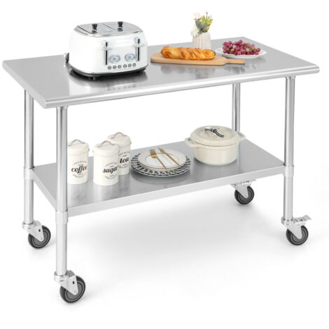 Table De Travail Inox 2 étages – 60x60x85 Cm, Roulettes, Charge 300 Kg, Pour Cuisine Pro