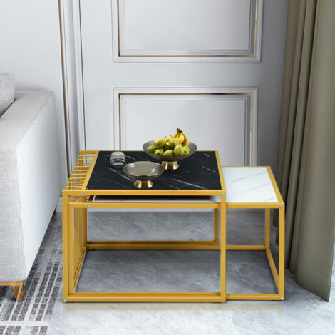 Lot De 2 Tables Basses Gigognes Avec Tiroir - Bois MDF Et Métal - Plateau En Motif Marbre - Noir | Leroy Merlin