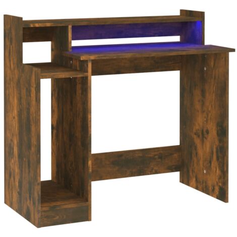 Bureau table poste de travail meuble d'ordinateur informatique étude et lumières LED chêne fumé 97 x 45 x 90 cm bois d'ingénierie brun (1/5)