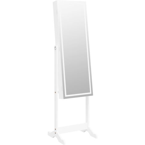 HOMFME Armoire à Bijoux Avec Miroir Sur Pied - Lumières LED 3 Couleurs - Roues - Blanc