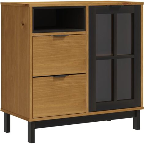 Buffet bahut commode armoire meuble de rangement organisateur cuisine salle de séjour salon avec porte vitrée 80 x 40 x 80 cm bois massif de pin marron (1/5)
