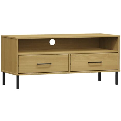 Meuble TV multimédia étagère télévision buffet téléviseur salle à manger salon chambre avec pieds en métal bois de pin massif brun (1/5)