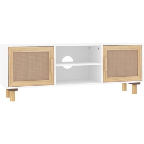 Meuble TV multimédia étagère télévision buffet téléviseur salle à manger salon chambre 105 x 30 x 40cm bois de pin massif et rotin naturel blanc (1/5)
