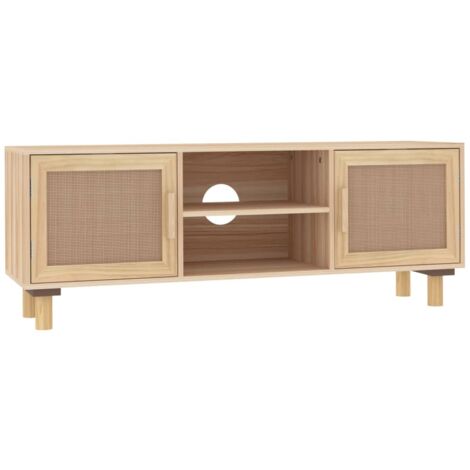 Meuble TV multimédia étagère télévision buffet téléviseur salle à manger salon chambre 105 x 30 x 40 cm bois de pin massif rotin naturel brun (1/5)