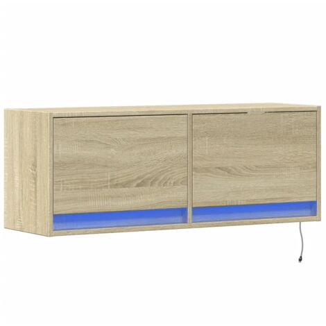 Meuble TV multimédia étagère télévision buffet téléviseur salle à manger salon chambre mural avec lumières LED chêne sonoma 100 x 31 x 35 cm brun (1/5)