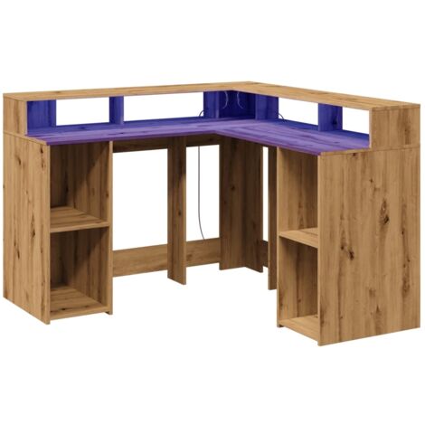 Bureau table poste de travail meuble d'ordinateur informatique étude avec lumières LED chêne artisanal bois d'ingénierie brun (1/5)