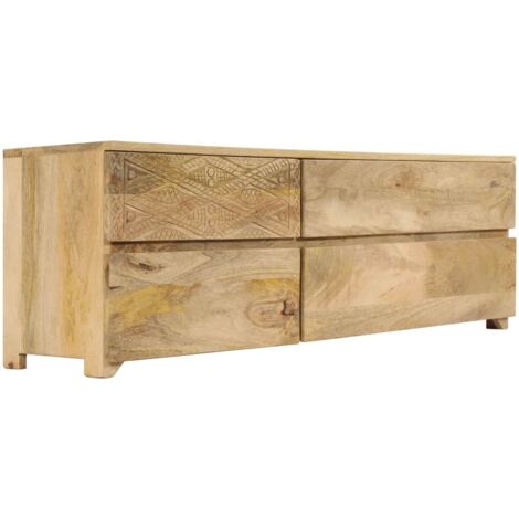 Helloshop26 – Meuble TV en bois de manguier massif 120 cm – 4 tiroirs – Finition décolorée blanche – Surface polie et laquée (1/5)