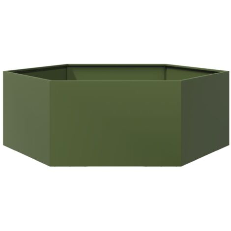 Jardinière bac lit surélevé plantes fleurs terrasse jardin olive hexagone 138 x 120 x 45 cm acier vert (1/5)