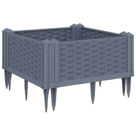 Jardinière bac lit surélevé plantes fleurs terrasse jardin avec piquets 42,5 x 42,5 x 28,5 cm PP gris (1/5)