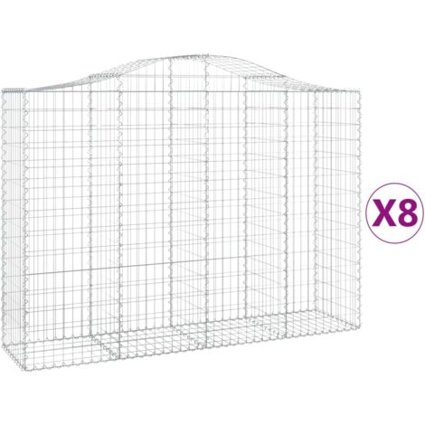 Lot de 8 paniers à gabions clôture cage mur de soutènement arqués 200 x 50 x 140/160 cm fer galvanisé Argent (1/5)