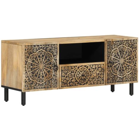 Meuble TV multimédia étagère télévision buffet téléviseur salle à manger salon chambre 105 x 33 x 46 cm bois massif de manguier brun (1/5)