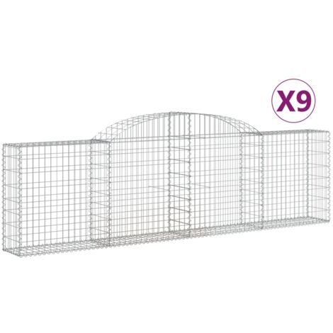 Lot de 9 paniers à gabions clôture cage mur de soutènement arqués 300 x 30 x 80/100 cm fer galvanisé Argent (1/5)