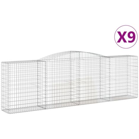 Lot de 9 paniers à gabions clôture cage mur de soutènement arqués 400 x 50 x 120/140 cm fer galvanisé Argent (1/5)
