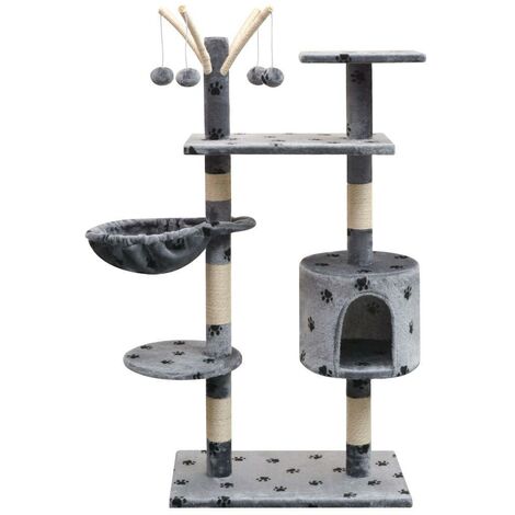 Arbre à chat griffoir grattoir niche jouet animaux peluché et sisal 125 cm empreintes de pattes gris (1/4)