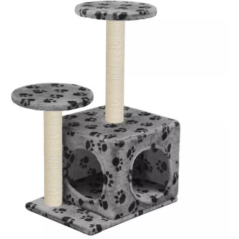 Arbre à chat griffoir grattoir niche jouet animaux peluché en sisal 60 cm gris motif de pattes (1/5)
