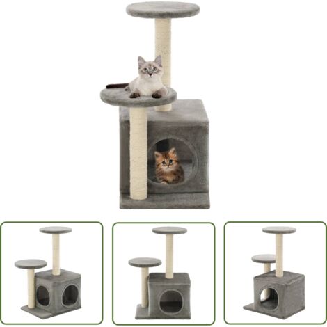 Arbre à chat griffoir grattoir niche jouet animaux peluché en sisal 60 cm gris (1/5)