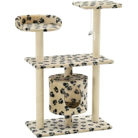 Arbre à chat griffoir grattoir niche jouet animaux peluché en sisal 95 cm beige motif de pattes (1/5)