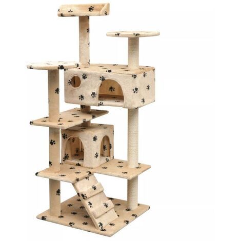 Arbre à chat griffoir grattoir niche jouet animaux peluché et sisal 125cm empreintes de pattes beige (1/4)