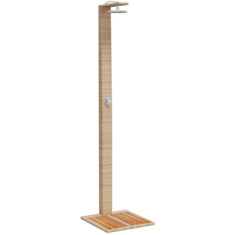 Helloshop26 – Douche extérieure en résine tressée beige 50 x 55 x 224 cm – Base en bois d'acacia – Jet rotatif et raccord tuyau – Résistance aux UV