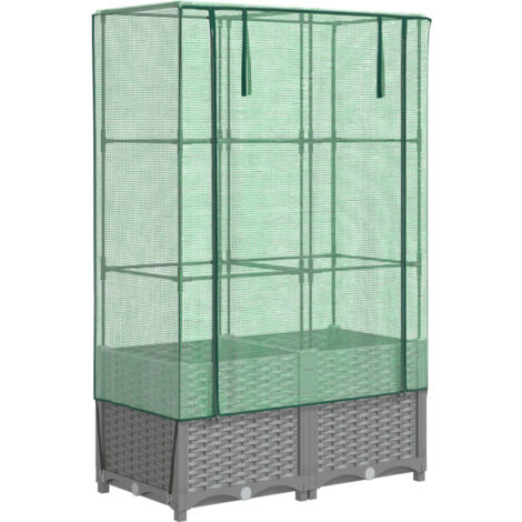 Jardinière bac lit surélevé plantes fleurs terrasse jardin surélevée avec housse aspect rotin 80 x 40 x 138 cm gris clair (1/5)