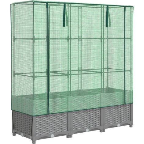 Jardinière bac lit surélevé plantes fleurs terrasse jardin surélevée avec housse aspect rotin 120 x 40 x 138 cm gris clair (1/5)