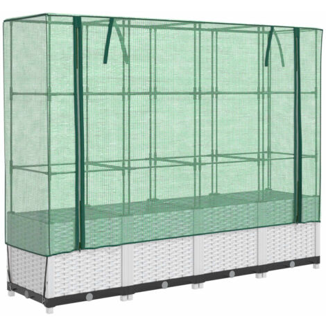 Jardinière bac lit surélevé plantes fleurs terrasse jardin surélevée avec housse aspect rotin 160 x 40 x 138 cm blanc (1/5)