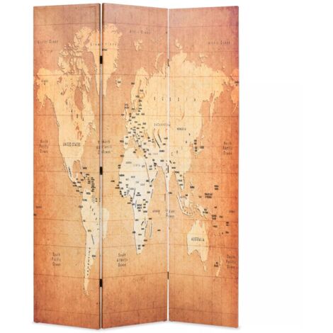 Paravent séparateur de pièce cloison de séparation décoration meuble pliable 120 cm carte du monde jaune (1/5)
