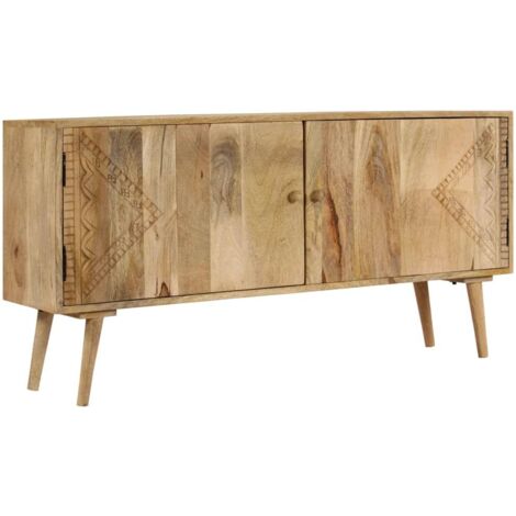 Helloshop26 – Buffet en bois de manguier massif 120 cm – Rangement spacieux – Finition polie et laquée – Motifs sculptés uniques (1/5)