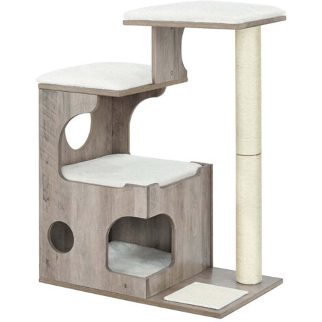Arbre à chat hauteur 88 cm 3 plate-formes et 1 grotte panneau mdf avec placage de bois poteau en sisal imitation fourrure lavable style vintage gris (1/5)