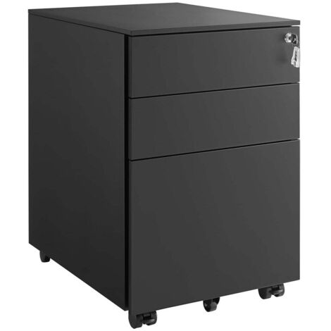 Caisson de bureau à roulettes avec 3 tiroirs et classeur suspendu armoire de bureau verrouillable pour dossiers et documents corps d'armoire prémonté noir (1/4)