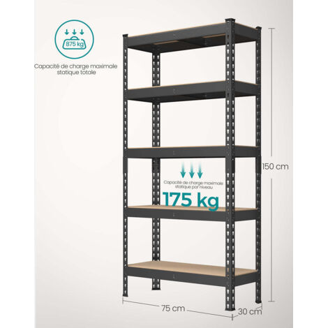 SONGMICS Étagère Charges Lourdes 5 Niveaux – 875 Kg Capacité, 30x75x150 Cm, Garage Cave Bureau, Argent