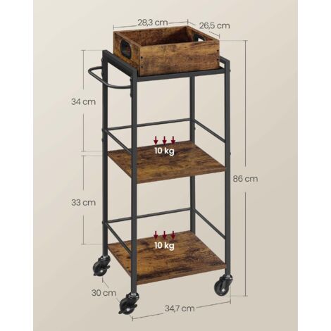 VASAGLE Desserte De Cuisine Industrielle Sur Roulettes - Chariot 3 Étagères Avec Plateau Amovible, Marron Rustique Et Noir, 40 X 88 X 96 Cm