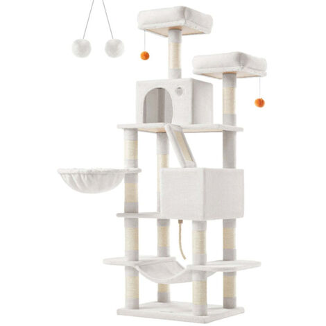 Arbre à chat grande tour de jeux hauteur 168 cm avec 13 griffoirs 1 planche à griffer 2 plate-forme 2 niches panier hamac pompons tissu peluche multi-niveaux blanc (1/2)