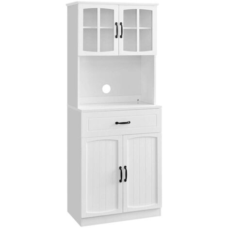Buffet haut cuisine 41,5 x 73 x 179,8 cm meuble de rangement garde-manger vaisselier avec portes en verre et étagères réglables trou de passage des câbles pour micro-ondes style moderne blanc (1/4)