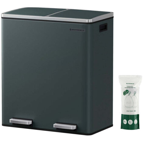 Poubelle 2 pédales poubelle avec double compartiment 2 x 30 litres anti-traces de doigts inox seau intérieur plastique avec poignée vert (1/5)