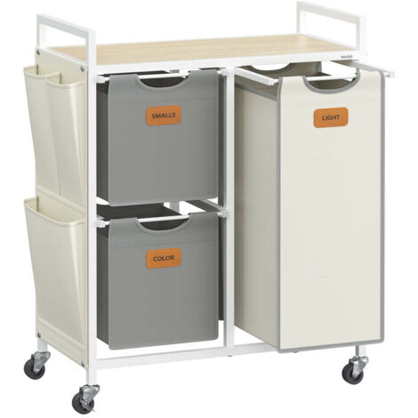 Panier à linge 3 compartiments corbeille 100 litres bac roulettes chariot avec étagères sac poches latérales 6 étiquettes beige 20006655 (1/3)