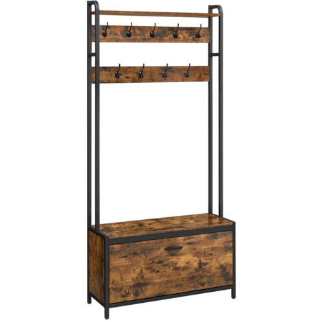 Meuble d’entrée avec banc 9 crochets et étagère 30 x 85 x 180 cm porte-manteaux vestiaire pour couloir chambre style industriel marron rustique et noir (1/3)