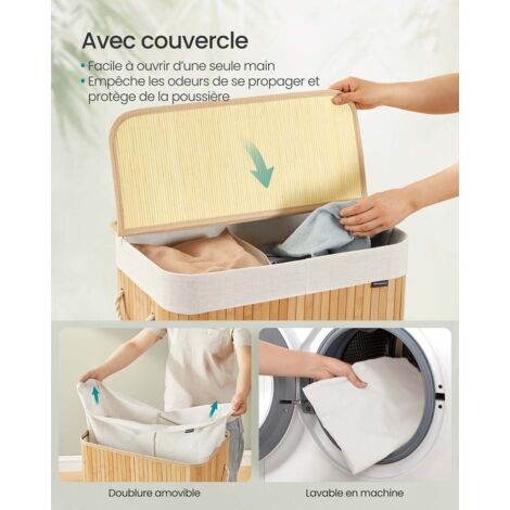 Panier à Linge Pliable 96L En Bambou Et Tissu - Gris, 57x53x32cm, Neuf